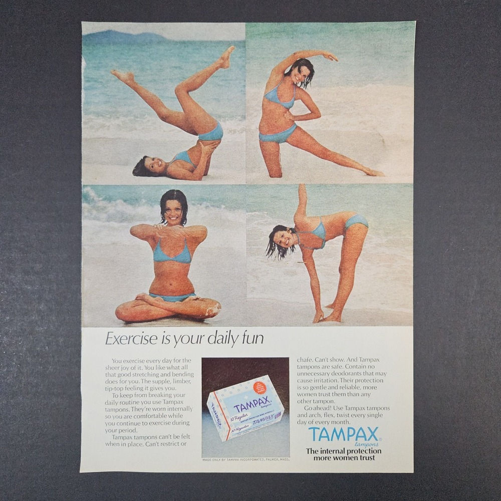 1974 Tampax Tampons Vintage Print Ad Bikini Lady Exercising On Beach Palmer MA